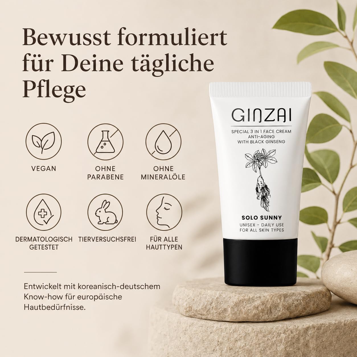 Solo SUNNY 3 w 1 krem na dzień z filtrem SPF 50+/PA+++, czarny koreański żeń-szeń, niacynamid i kwas hialuronowy, do wszystkich rodzajów skóry, 50 ml