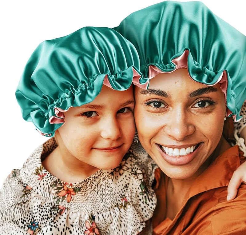 Conjunto de toucas de cetim Mommy and Me sent hair Verde/Bean Paste para adulto e criança