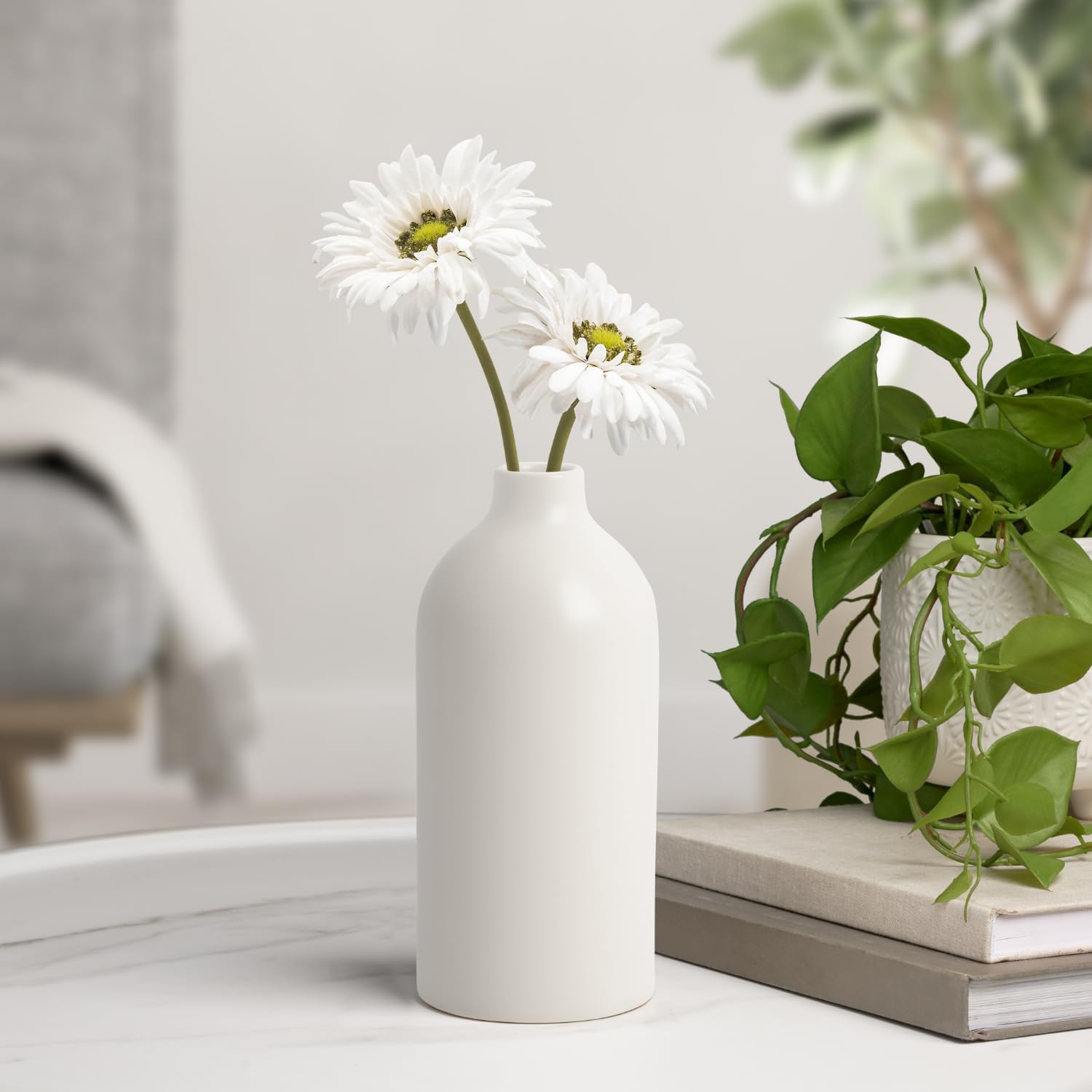 Torre & Tagus 8 Inch White Ceramic Vase for Flowers Home Decor - Matte Table Vase, Smooth Finish with Modern Decor Design, Sized for Mantels, Shelfs, Tables, Desk (Komi 3.5" x 8"H)