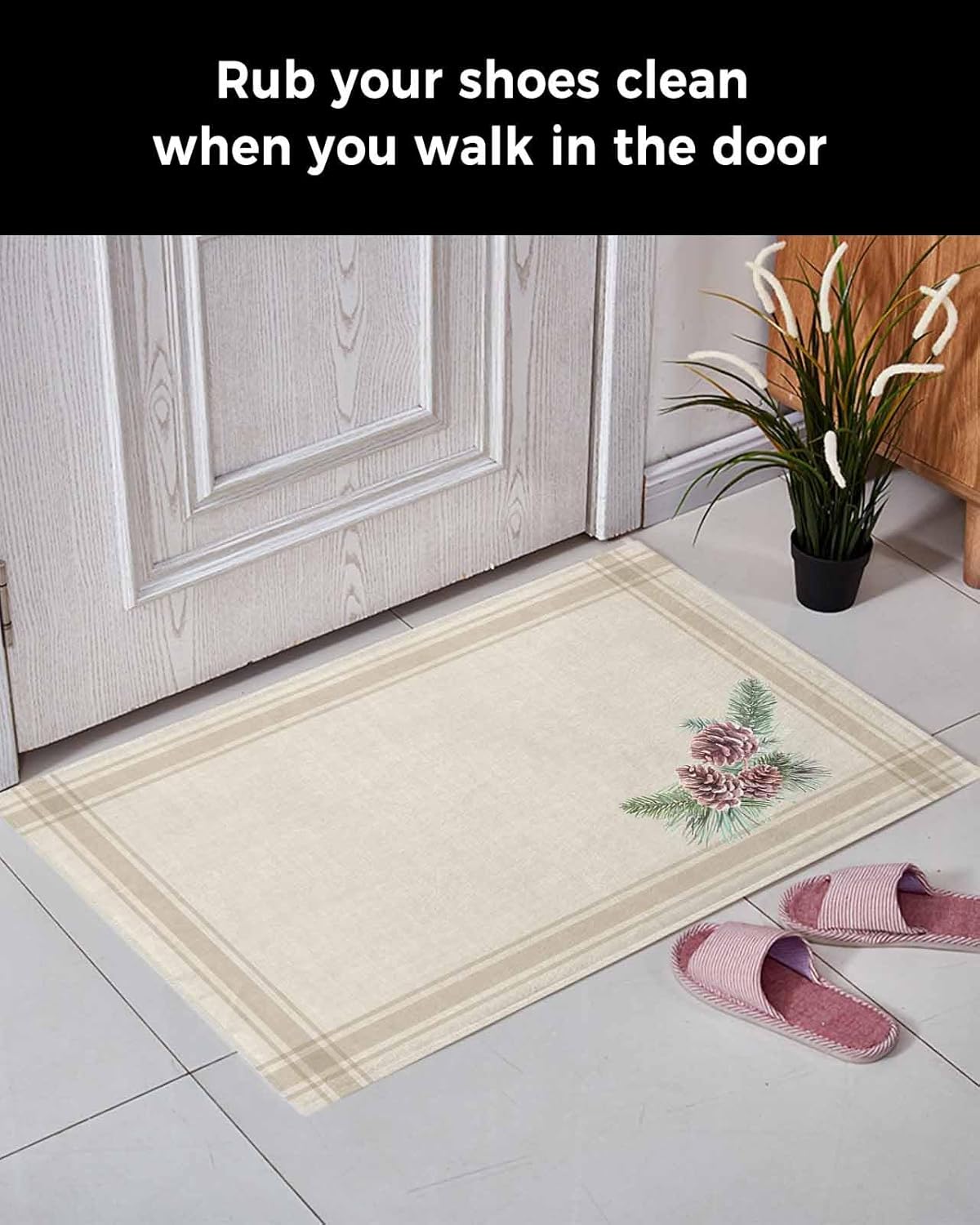 Bathroom Rug, Christmas Winter Pine Cones Branch Khaki Stripe Vintage Farmhouse Decoration Bath Mat Non-Slip Water Absorbent Soft Plush Shaggy Bath Rugs for Shower, Bedroom, Bathtubs 20" x 31.5"