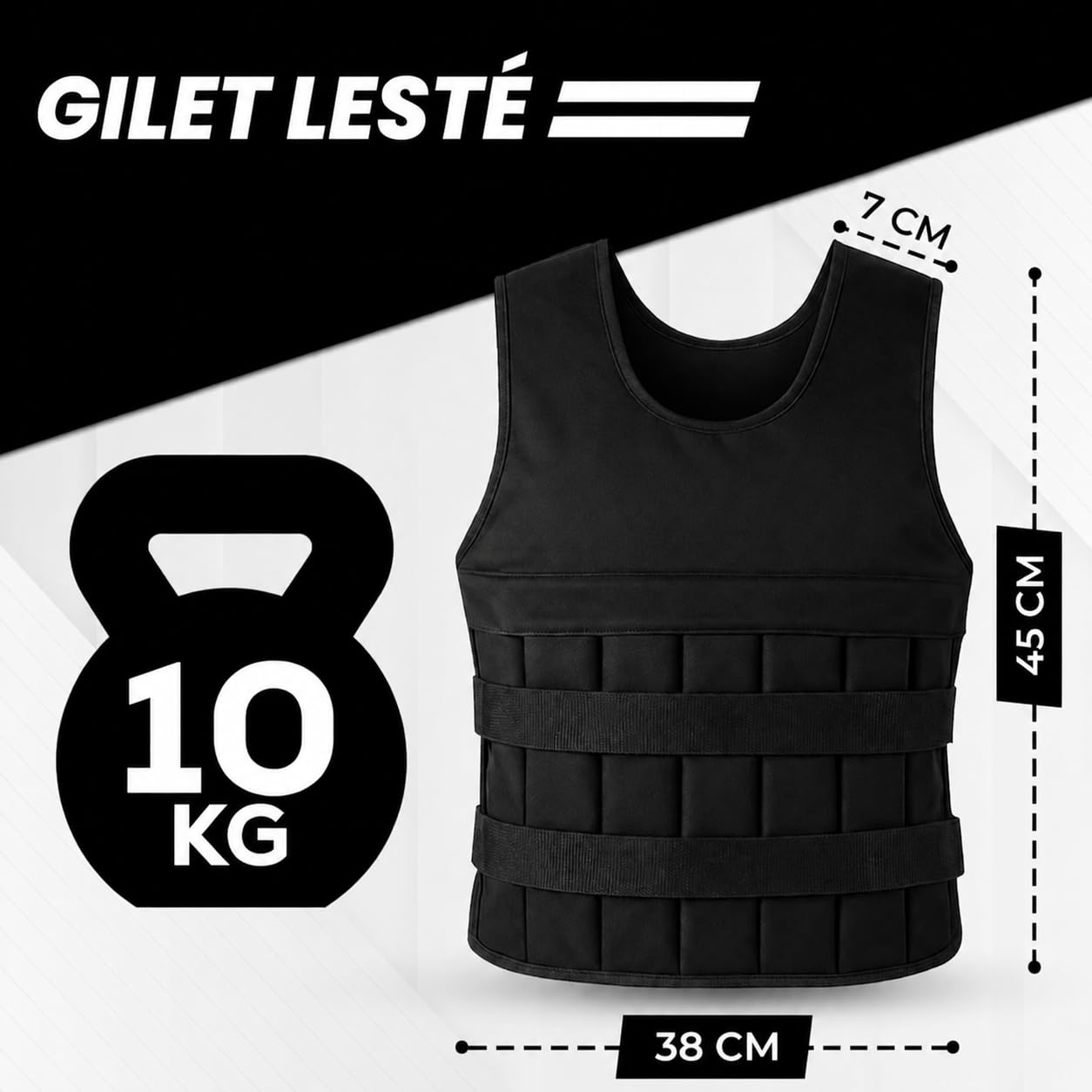Gilet lesté de 10 kg réglable avec poids amovibles, gilet d'entraînement pour musculation, crossfit, cardio, course à pied, noir
