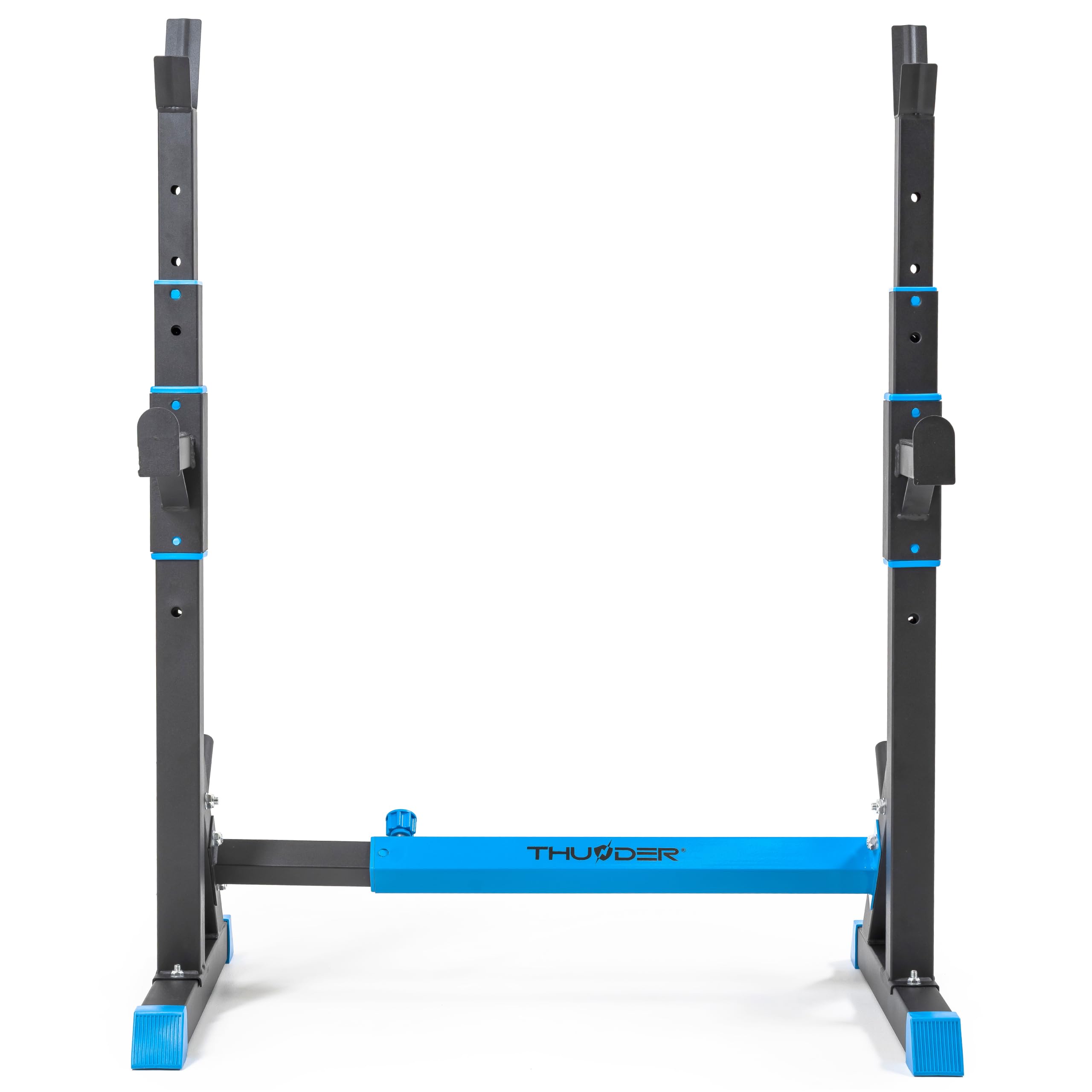 Soporte pesas THUNDER ajustable, con seguros, acero 200 kg, para press banca, sentadillas y fuerza.