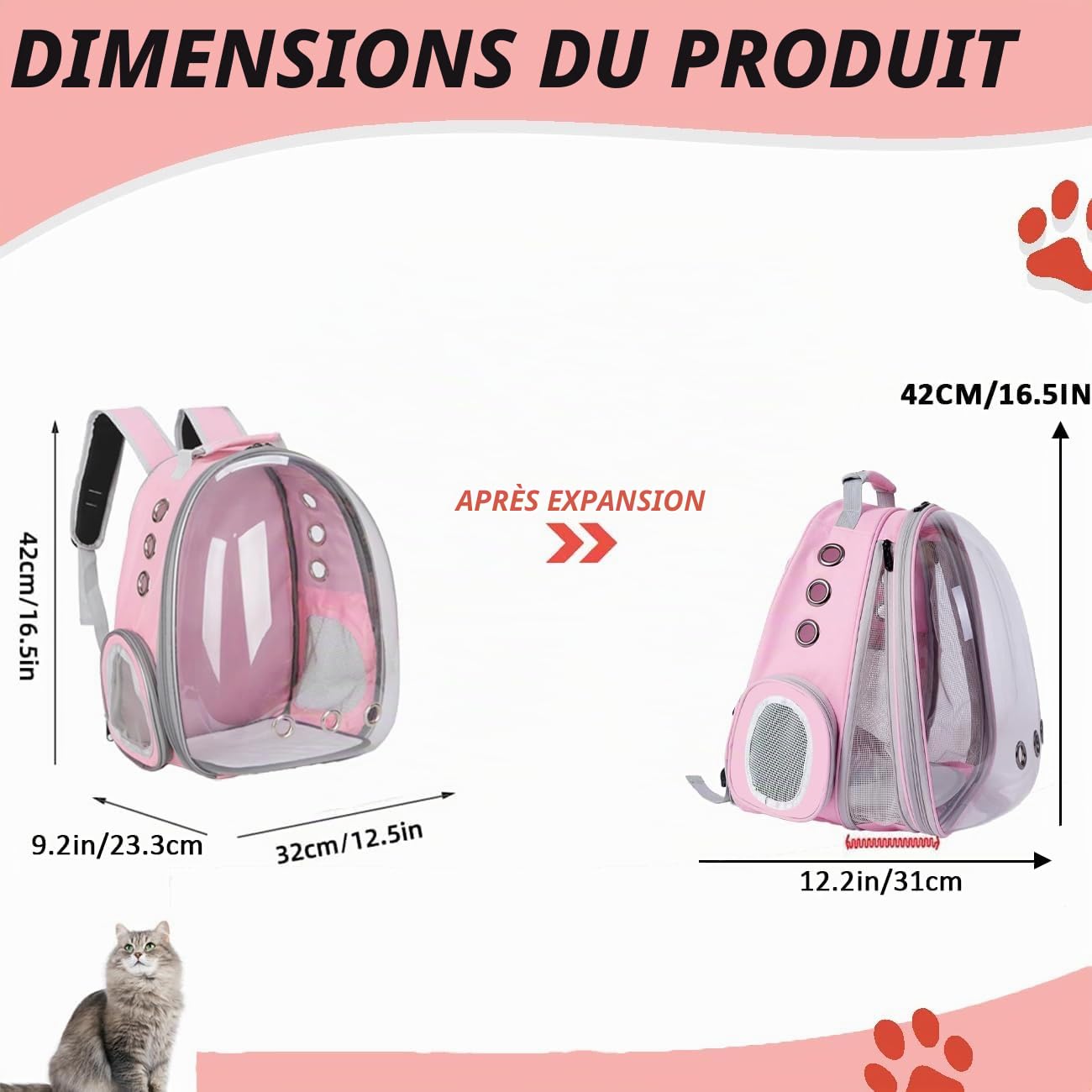 Sac Transport Chatet à l'arrière Extensible Transparent, Sac a Dos Chat Sac à Dos Chien, pour Petits Chiens et Chats, la Randonnée et l'utilisation en Extérieur (Rose, Front Expand)