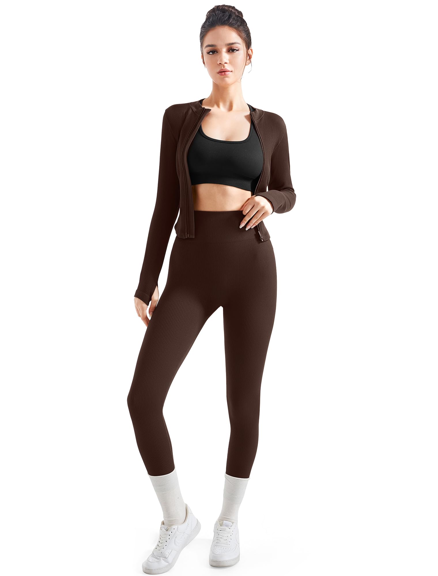 SUUKSESS Conjunto de entrenamiento acanalado sin costuras de 2 piezas para mujer, con chaqueta con cremallera, cintura alta, leggings de yoga para gimnasio