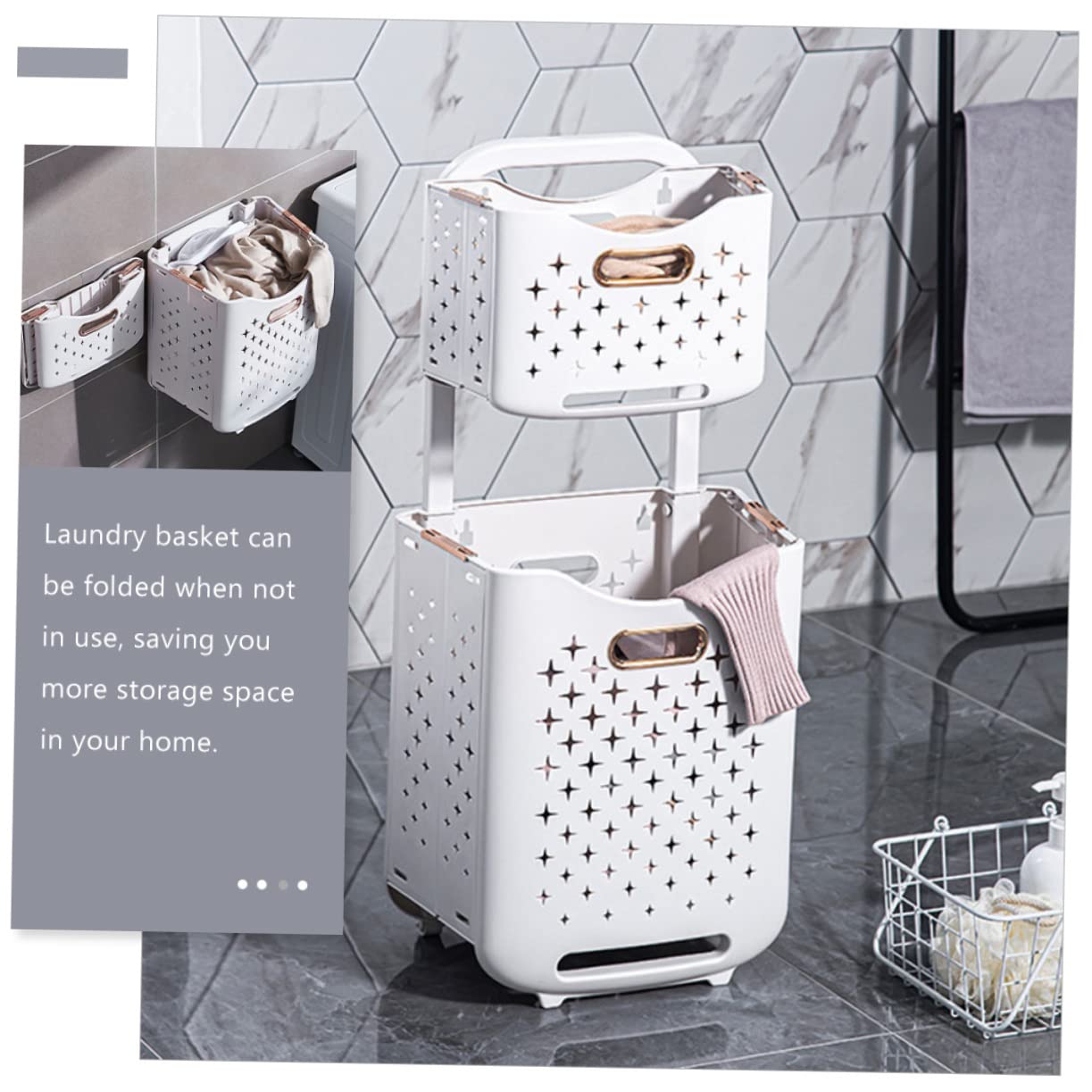 Cesto Portabiancheria Pieghevole a Doppio Strato Cesto Mobile Ventilato con Ruote Cesta la Biancheria con Grande Capacità e Design Salvaspazio per Bagno e Lavanderia