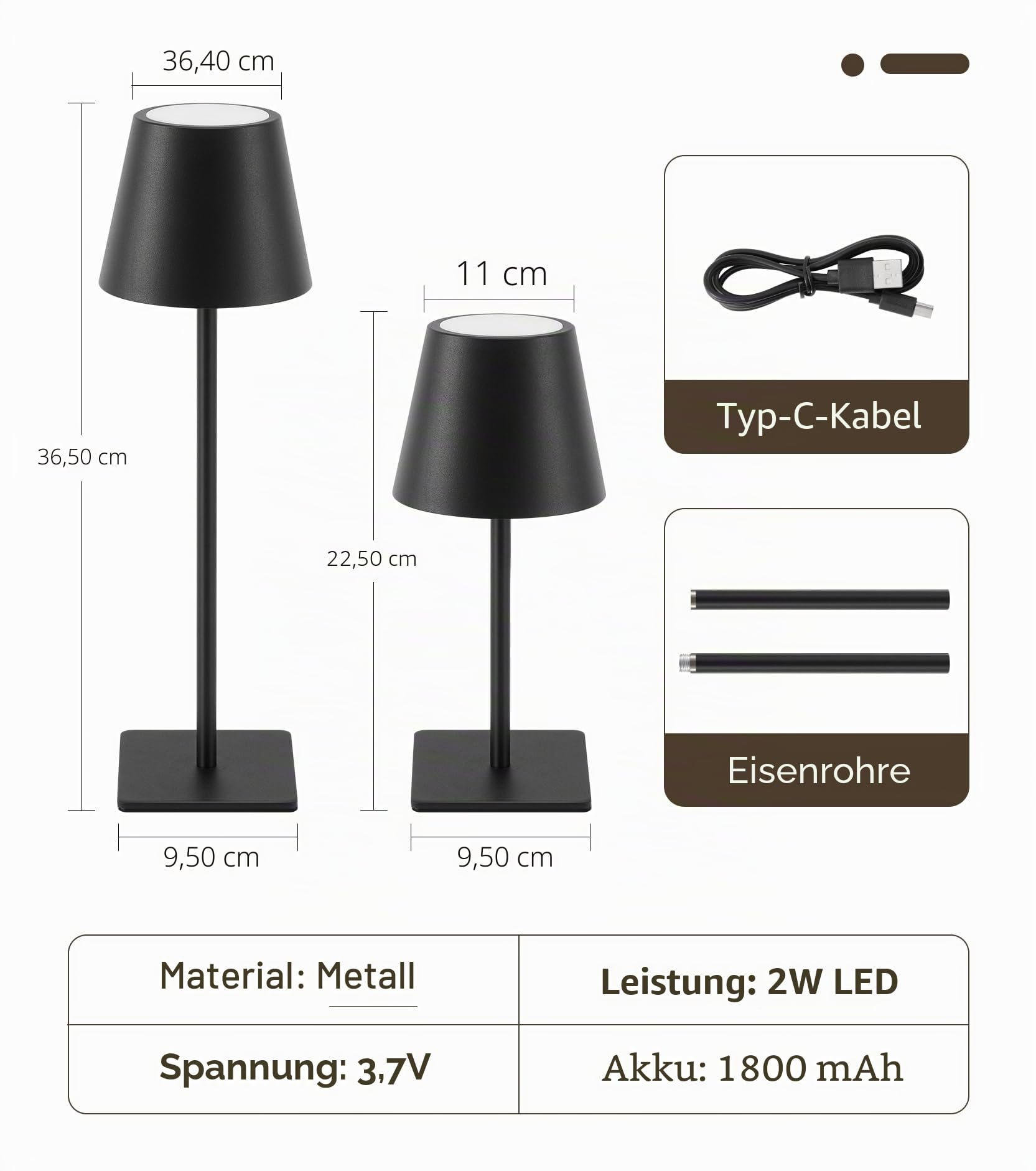 UME Kabellose Tischlampe, batteriebetriebene Lampe – tragbare, wasserdichte, wiederaufladbare Tischlampe mit 3 Farbtemperaturen und stufenlosem Dimmen für Abendessen, Schreibtisch, Café (3, Schwarz)