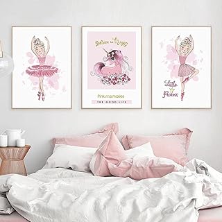 Nordico Rosa Principesse Scuola Materna Quadro Balletto Ragazza Parete Arte Tela Quadri Camera da Letto Poster Cartone Animato Quadro per Soggiorno Camera Bambini Stanza 40x60cmx3 No Telaio