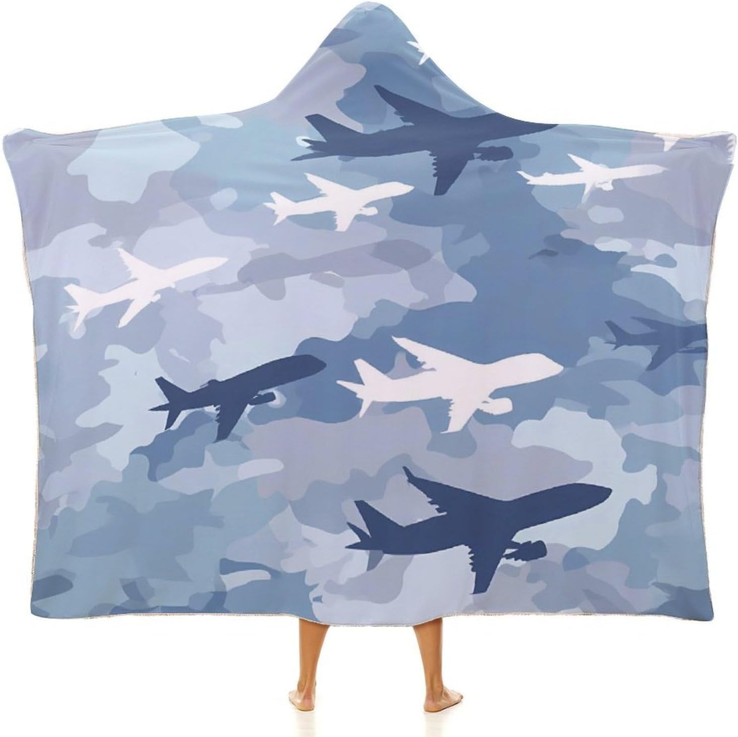 Camouflage Airplane Print Wearable Blanket Oversized Throw Cape | Cozy Hooded Blanket Gifts for Women Men