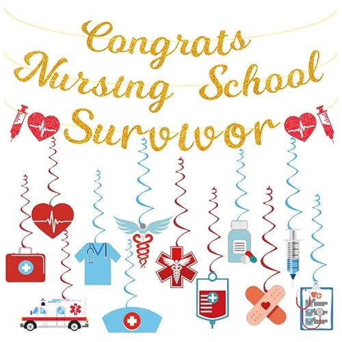Nursing Nurse Graduation Decorations,Gold Glitter Nursing School Survivor Banner Sign with Hanging Swirls,Congrats RN/BSN Graduation Decor 2025