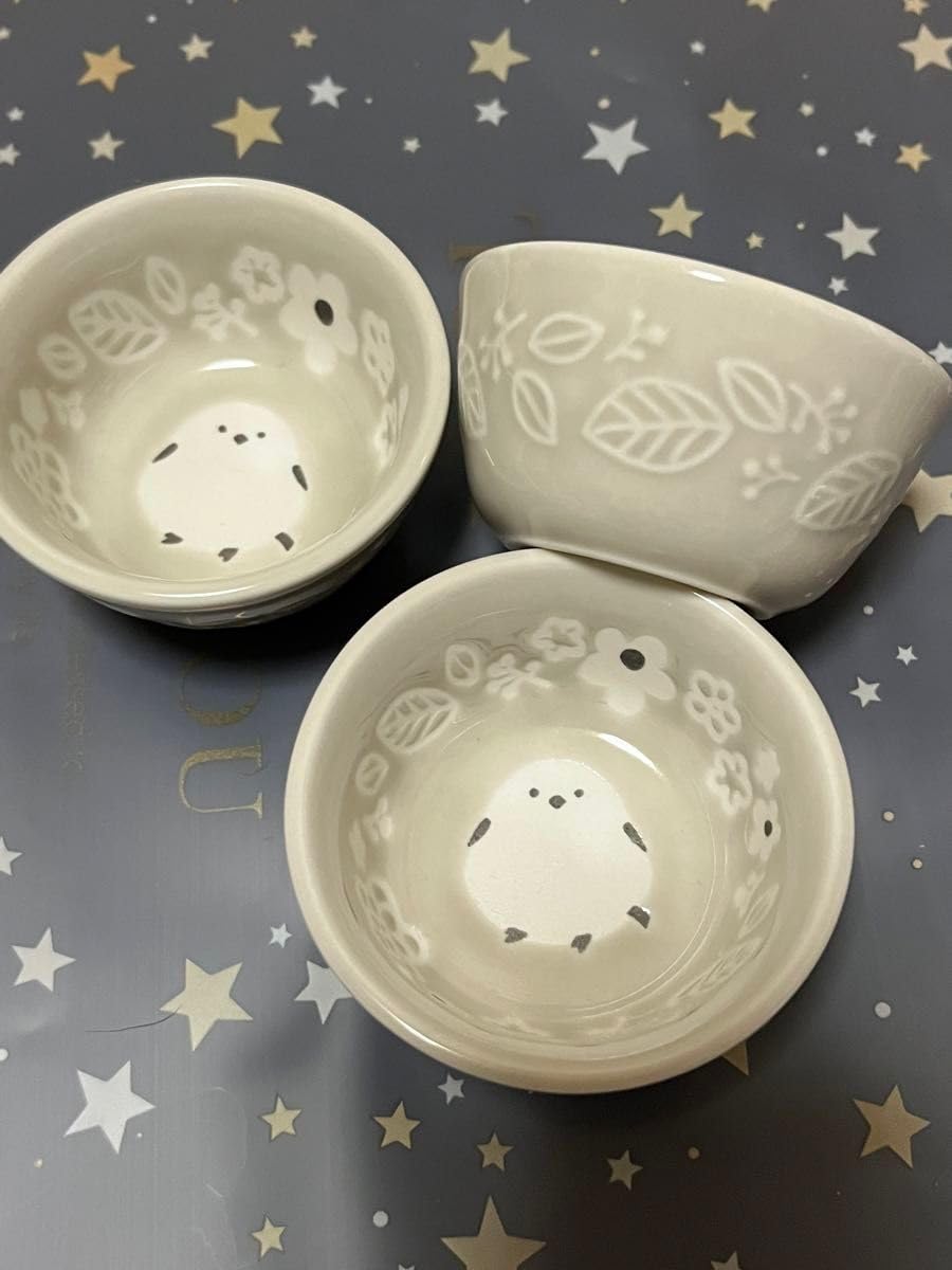 新品2点セットまんまる シマエナガ鳥三連皿小鉢 三連とりトリ