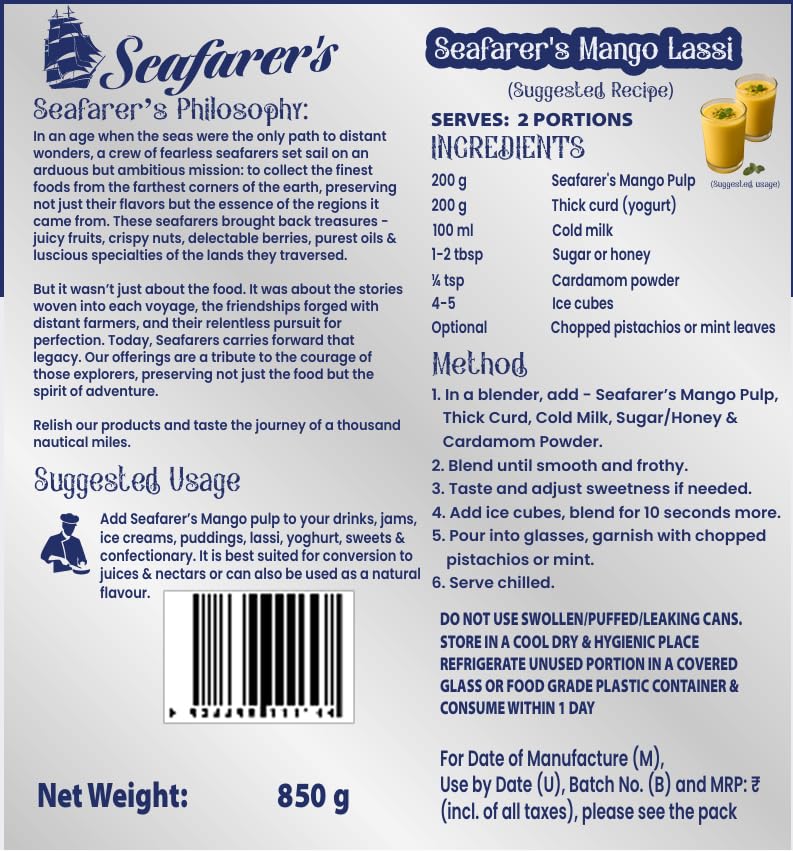 Seafarer's Canned Totapuri Mango Pulp, 1700 g Combo Pack of 850 g x 2 99.9% Pure Totapuri Mango Pulp | Smooth, Tangy-Sweet & Ready-to-Use | Ideal for Juices, Beverages, Ice Creams, Desserts & Bakery Use 3