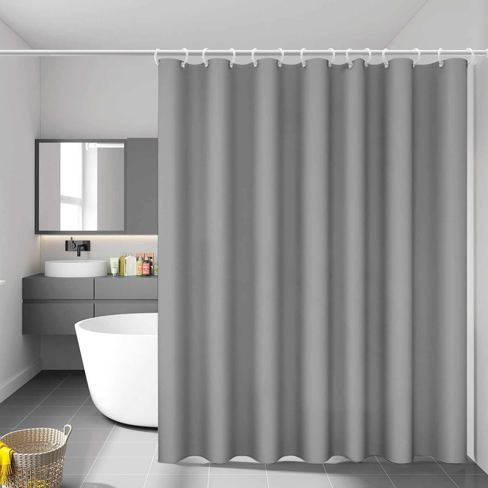 Vinabo Grey Shower Curtain, 180 x 200 cm Bathroom Curtains, Washable Shower Curtain with 12 Hooks, PEVA Fabric Curtain - Image 4