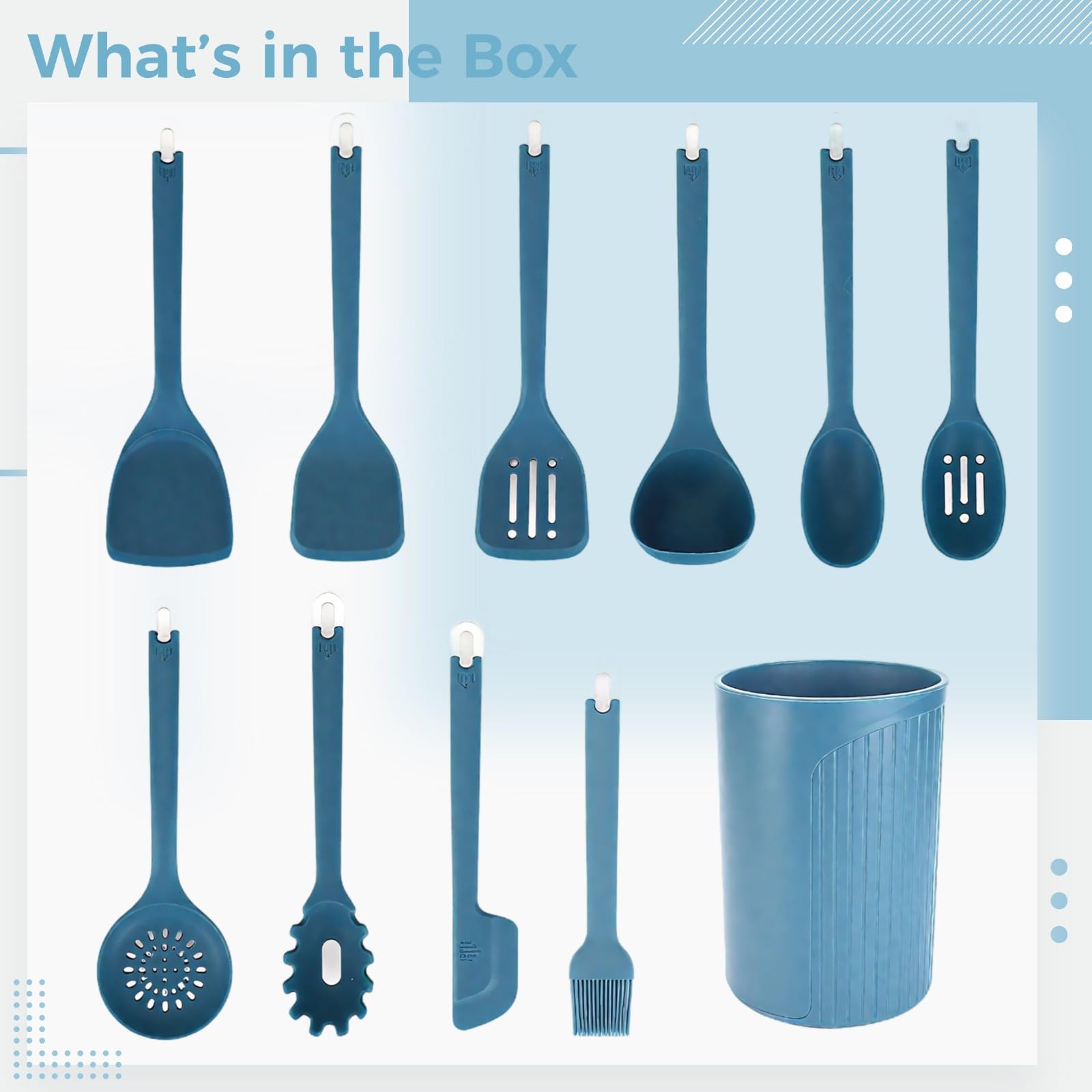 11-teiliges Silikon-Kochutensilien-Set, blau, hitzebeständig, Spatel, Löffel und Halter inklusive, Antihaft-Kochgeschirr, langer Griff