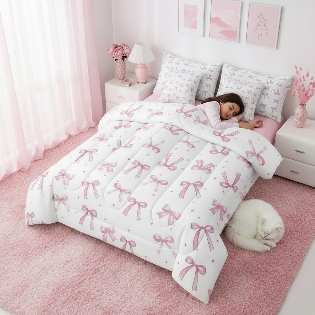 Erosebridal 7 Piece Light Pink Bow Bedding Set King Size,Girly Coquette Comforter Set with Sheets,Cute Preppy Bow Tie Knot Bed in A Bag with Flat and Fitted Sheet Kawaii Dreamy Bed Set image 4