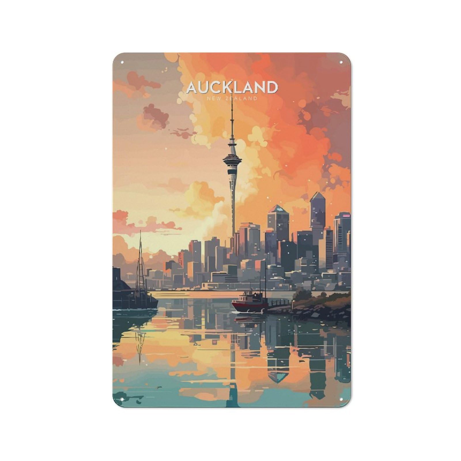 Smart Tin Sign 30x20cm Featuring Auckland Skyline Sunset, Office Wall Decor for Workspace, Cafe, Shop Or Desk Area