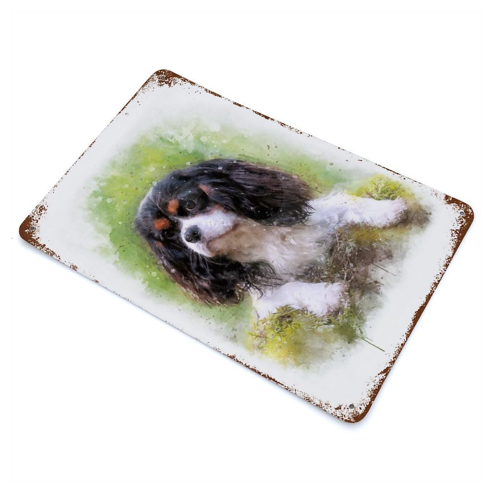 Rust Effect Cavalier Puppy Watercolor Weathered Tin Sign 11.8"x7.9", Shabby Chic Decor for Patio, Garden Room And Bar Decor
