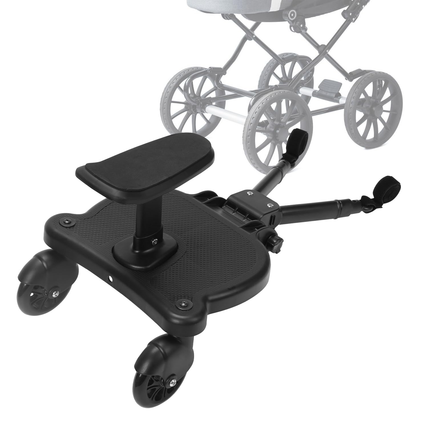 Planche de poussette avec siège, Kiddy Board pour poussette, marchepied universel avec siège amovible, double roue à 360 degrés, réglable, jusqu'à 25 kg, noir