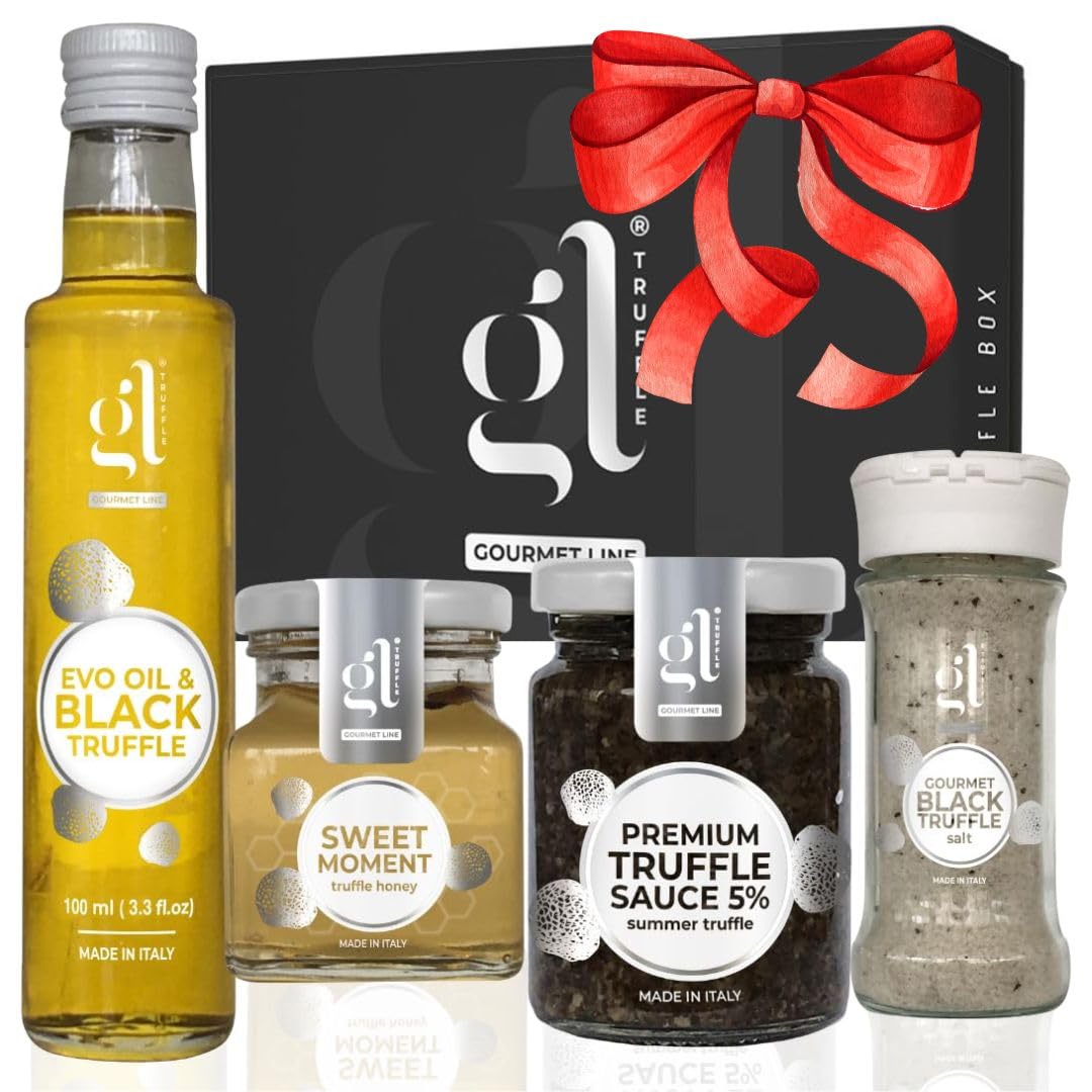 GL Truffle GOURMET LINE, Gourmet Truffle Box Set, Recipes Book, Extra Virgin Olive Oil & Black Truffle (with Truffle Slice), Premium Truffle Sauce 5%, Truffle Honey, Black Truffle Salt - Italian Gifts