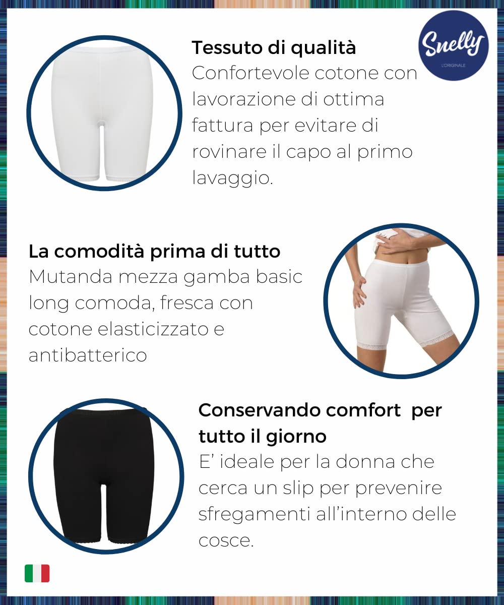 SNELLY Mutande Donna a Mezza Gamba Lunghe a Vita Alta Pacco da 6-9-12 Slip Basic Long Cotone Elasticizzato Antibatterico con balzina E263 Intimo di Marca Comodo Contro sfregamenti Interno Coscia