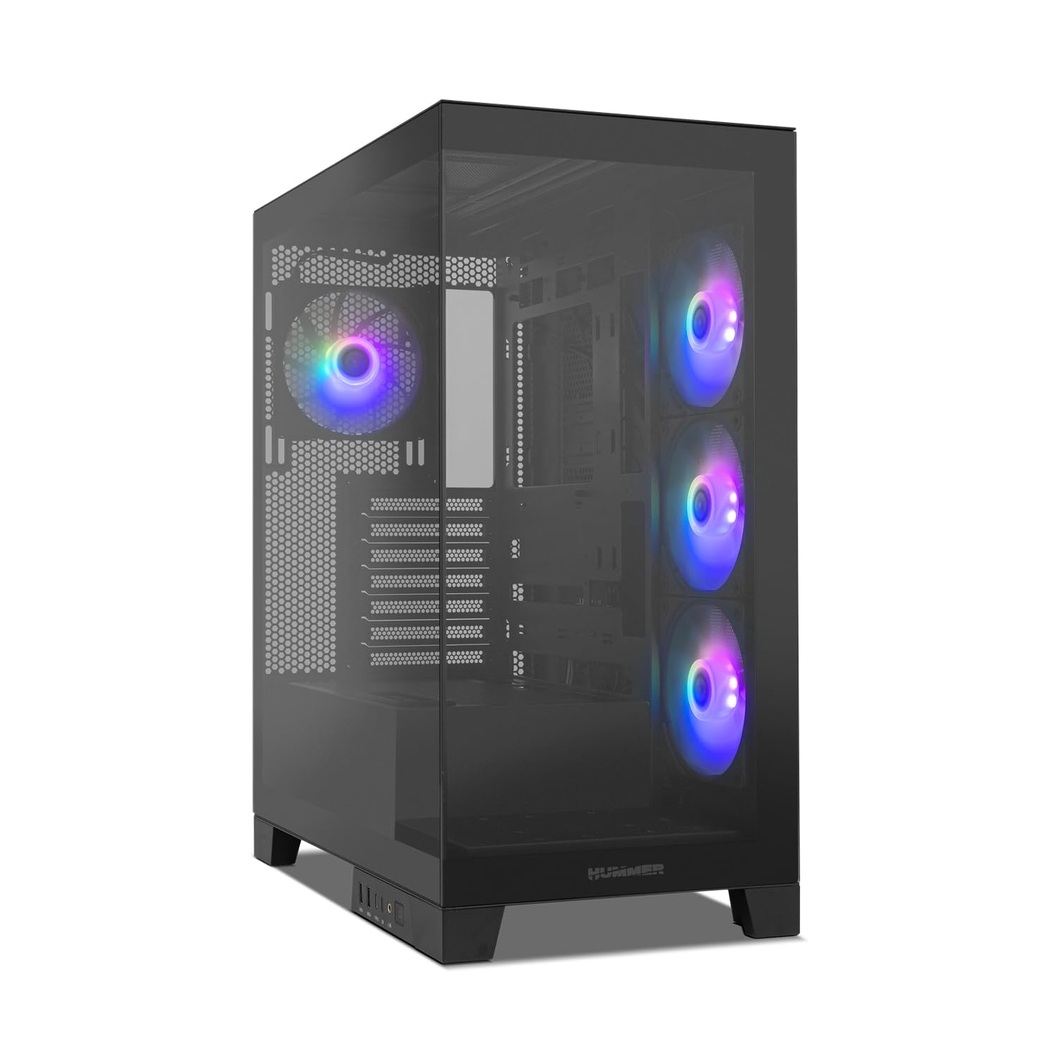NOX Xtreme Products Hummer Glock Black – ATX/Micro-ATX/ITX Mid-Tower mit rahmenlosem Glas-Seitenpanel, Platz für 10 Lüfter, 4 vorinstallierte 120 mm Lüfter, USB-C & USB 3.0, Schwarz