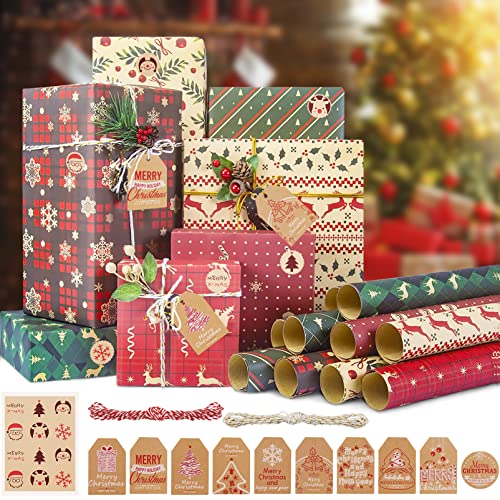 Navidad Papel para Regalo,8 Hojas de Papel Marrón Doblado dePapel de Regalo Vintage,Papel de Regalo Kraft,Papel para Envolver Reciclable,Wrapping Paper con Cuerdas,Pegatinas (8 piezas)