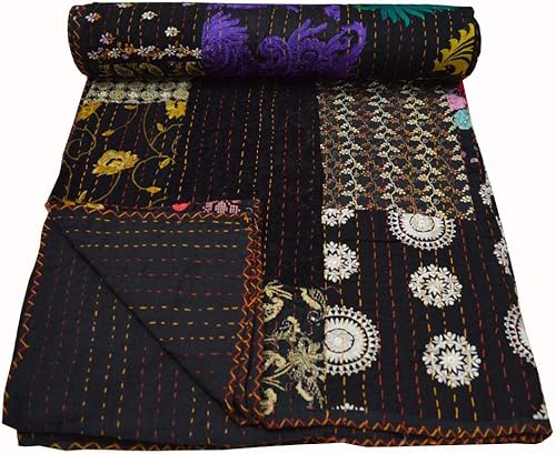 Miniatura 4 de Colcha Kantha de algodón Queen Khambadiya hecha a mano Kantha, colcha para cama, color negro, 90 x 108 pulgadas