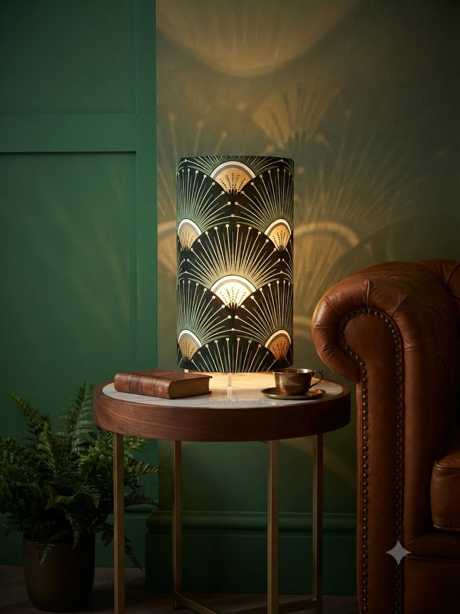 Lampe de Chevet Art Déco Vert et Or, Lampe à Poser Artisanale Française, Luminaire Décoratif E14, Lampe de Table pour Chambre, Salon, Bureau, Entrée, Ambiance Chic et Chaleureuse