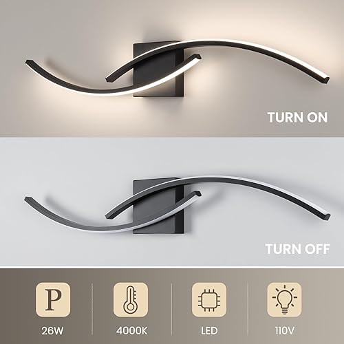 Miniatura 6 de Sovinzert Aplique de pared moderno, 4000 K, luces de pared LED modernas para sala de estar, 31.5 pulgadas, accesorios de pared negros para baño,