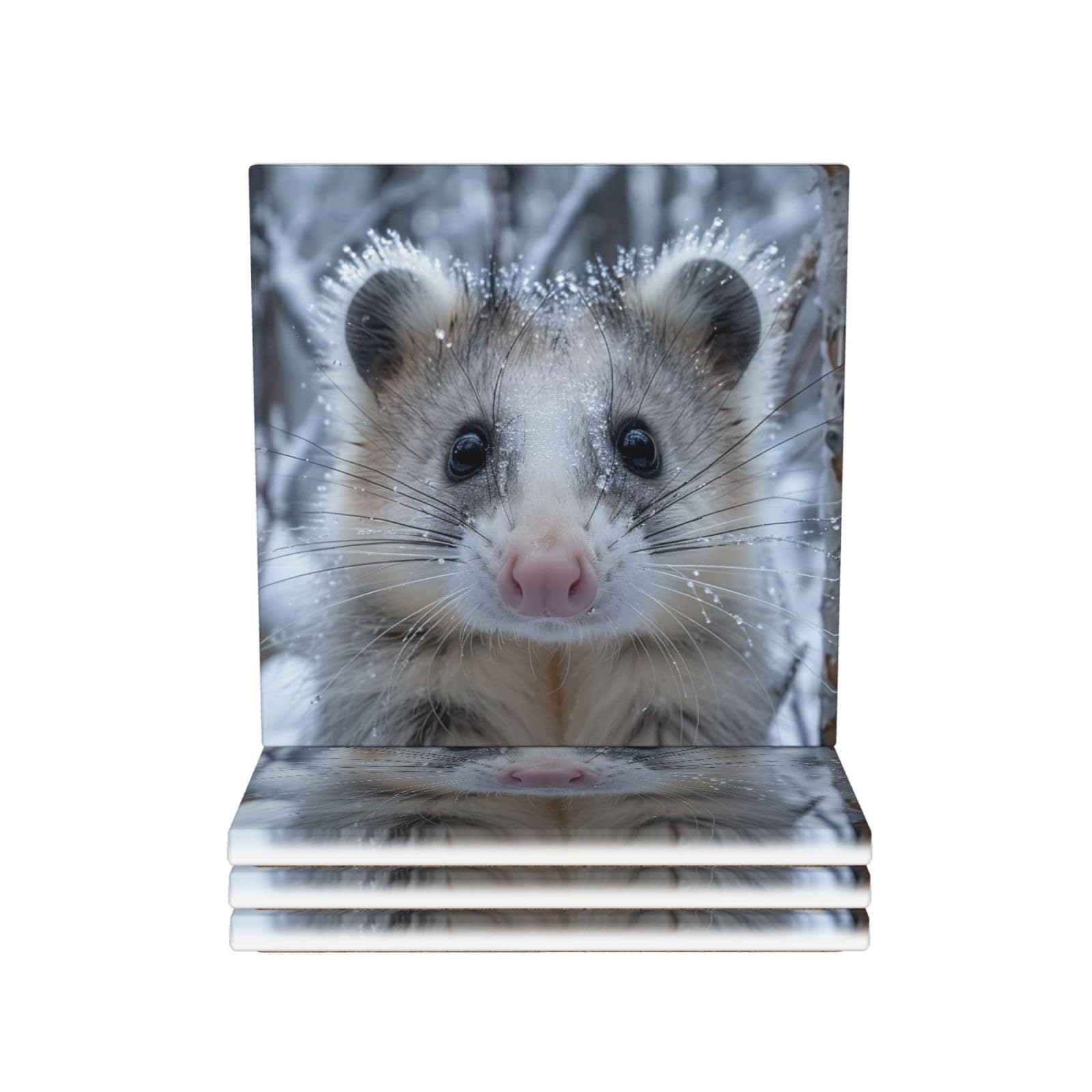 Drink Coasters Set of 4 Ceramic Coaster Opossum In Snow Coasters for Drinks Cups Mugs Mat Pads Absorbent Non-Slip Decorative Cup Coaster for Coffee Table Kitchen Bar Home Decor