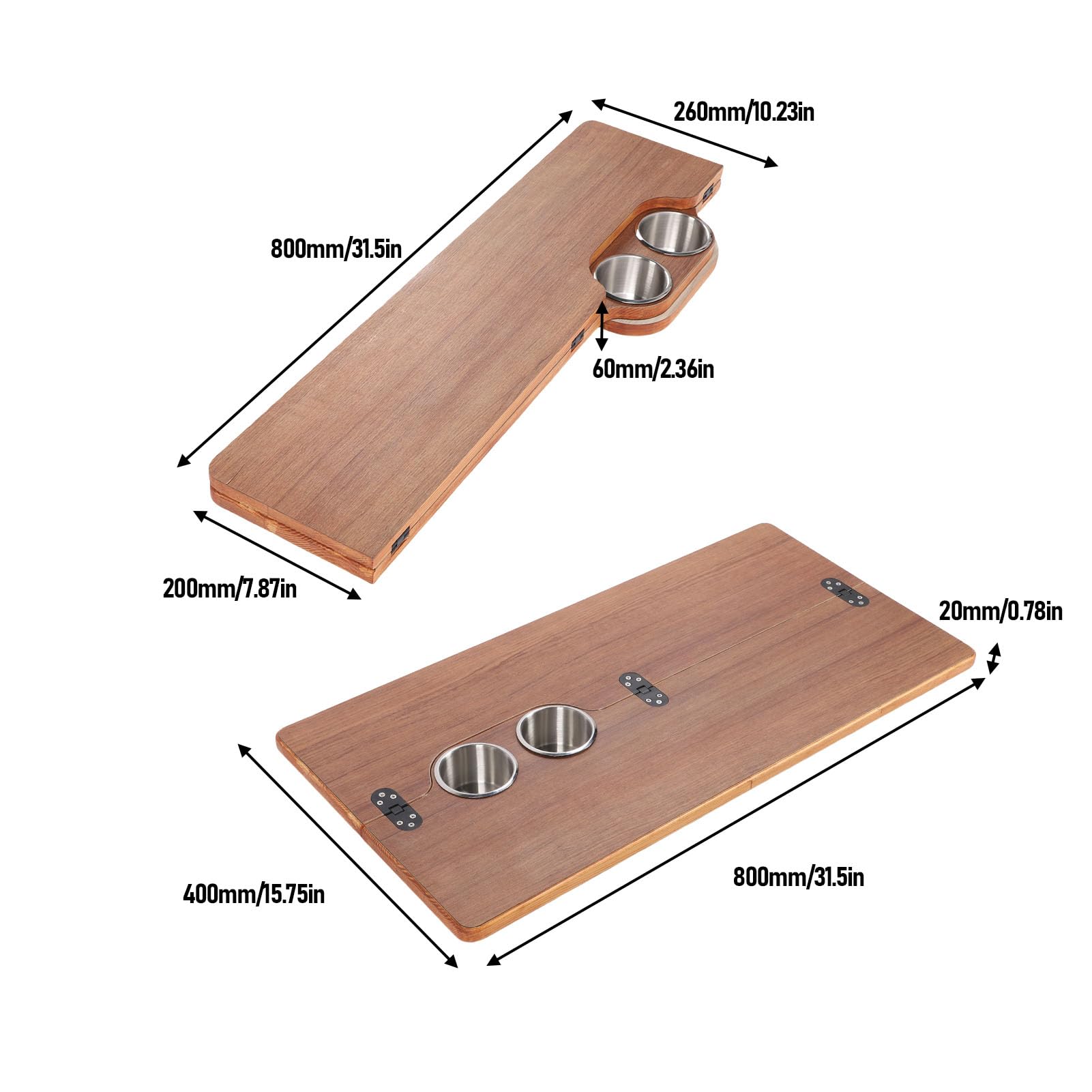 Piano Tavolo per Barca RV, Piano di Lavoro Pieghevole in Legno Massello da 31,49x15,74 Pollici con 2 Portabicchieri in Acciaio Inossidabile, per Yacht (Marrone (595x580 mm/23,43x22,83