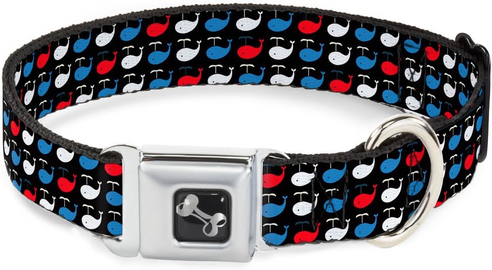 Dog Collar Seatbelt Buckle Whales Navy Red White Blue 11 to 17 Inches 1.0 Inch Wide