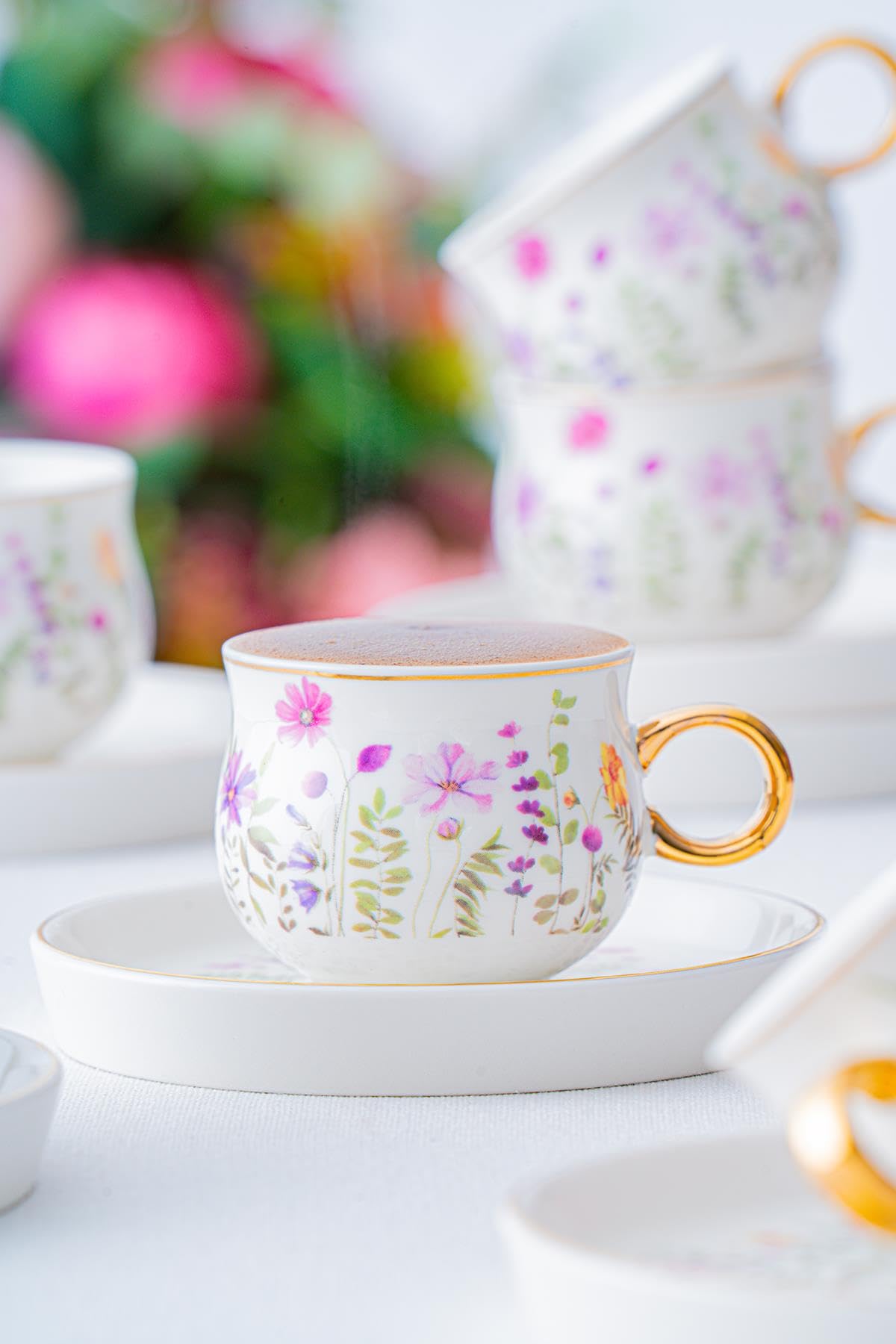 Lidya Kaffeetassen Set für 6 Personen – 90 ml – Porzellan – Goldrand – Blumenmuster – Türkisches Kaffeetassen Set