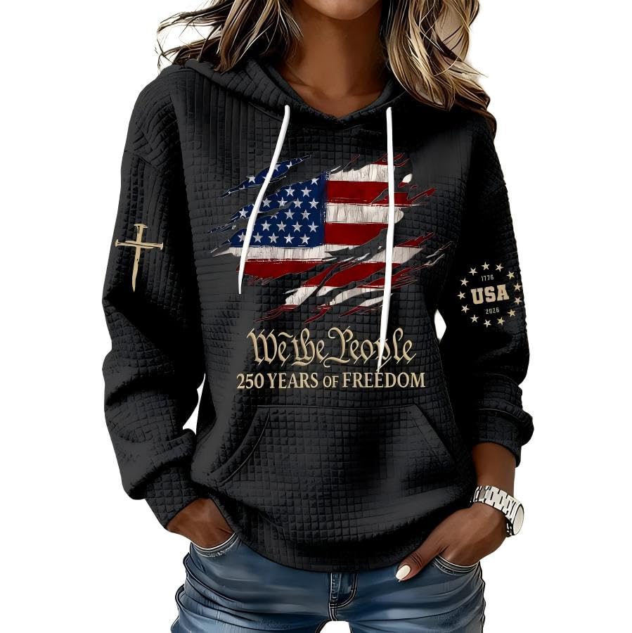 PMSFBOYP Womens We The People 250 Years of Freedom Hoodie American Flag Cross Waffle Patriotic Hooded Sweatshirt with Pocket S