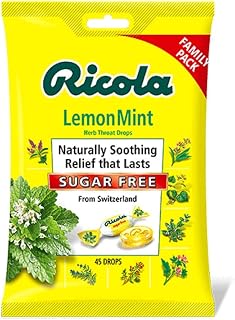 Ricola Sugar Free Lemon Mint Bag | Cough Suppressant Throat Drops | Naturally Soothing Long-Lasting Relief - 45 Count (Pack of 1)