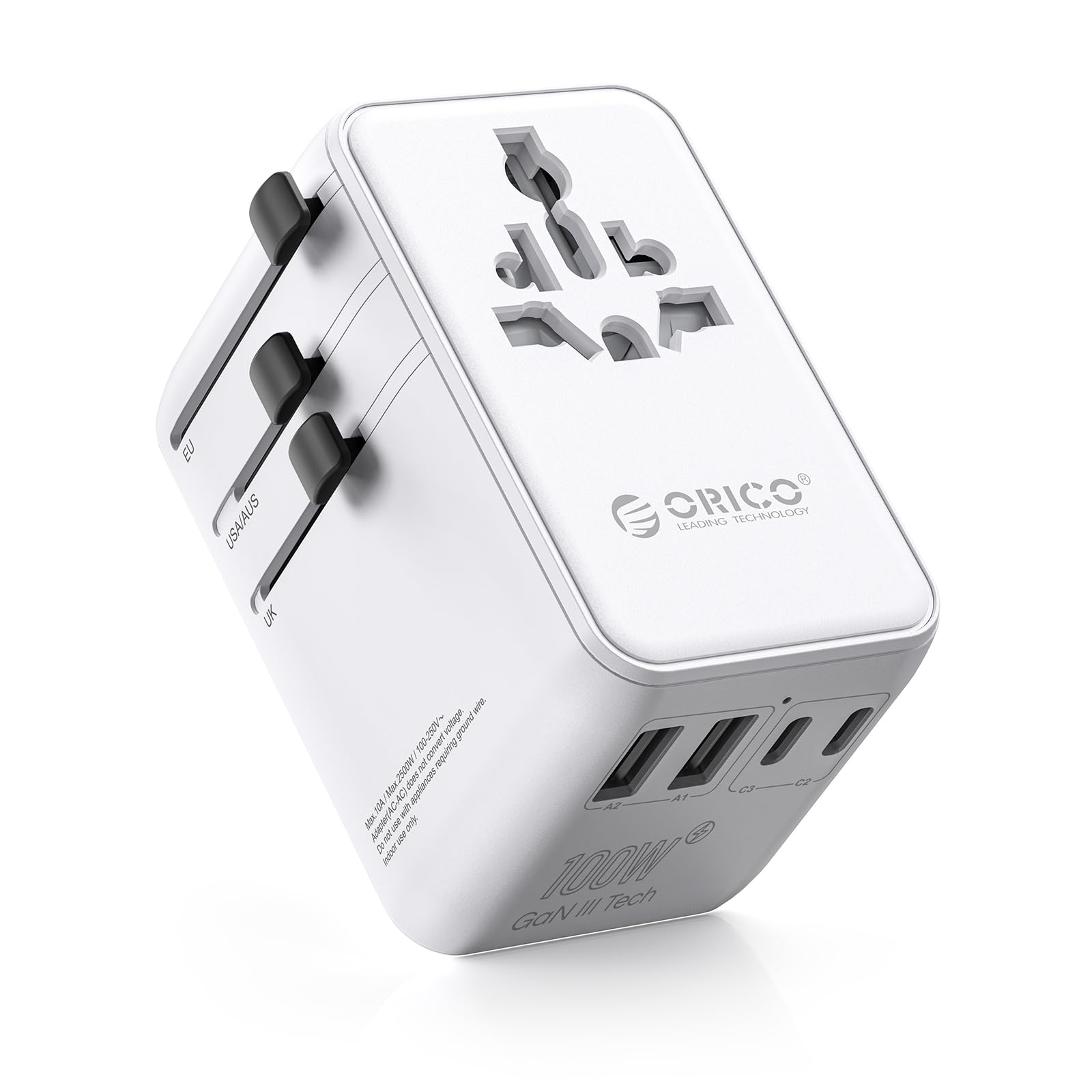 ORICO Uniwersalny adapter wtyczkowy 100W GaN3 z 3 portami USB-C i 2 USB-A, uniwersalny adapter podróżny do Francji na UE, angielski, USA, AU, Chiny, Japonia, Tajlandia - UAX (biały)