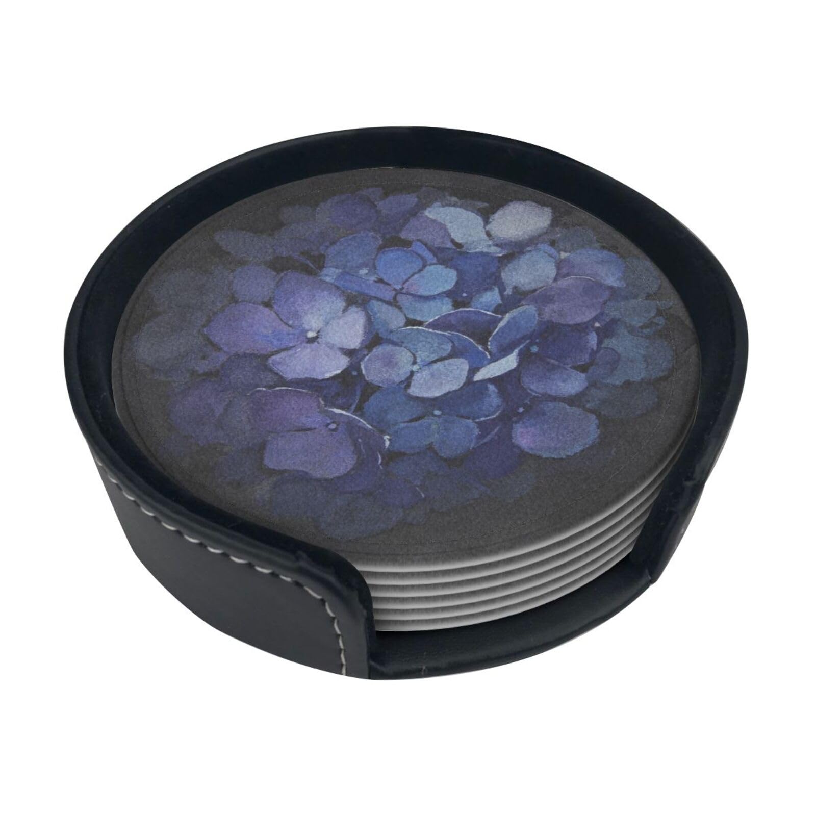 Cntdbu White Dark Blue Bloom Leather Coasters Set Of 6-Pu Leather Drink Mats For Table, Heat Resistant Round Coasters With Holder