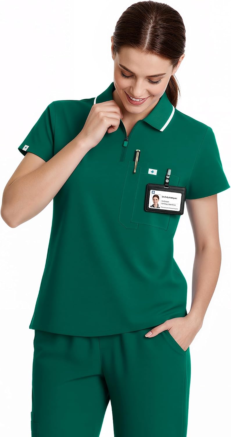 Nurse Scrubs for Women Set, Zipper Polo Top & Straight Leg Scrub Pants