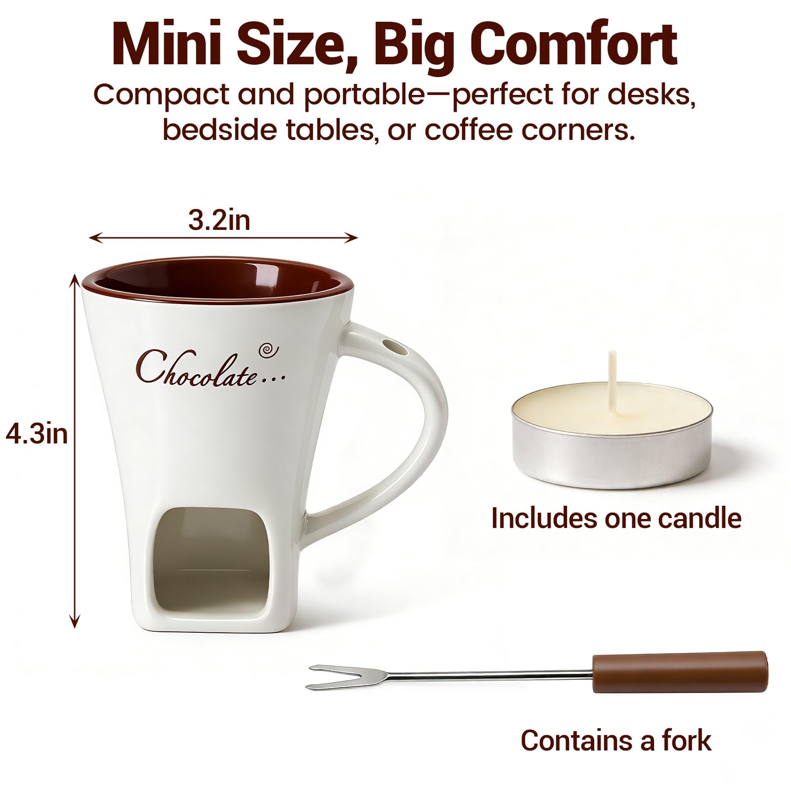 Chocolate Fondue Mug with Fork Set | Ceramic Chocolate Melting Cup | Personal Mini Cheese & Chocolate Melting Pot | Romantic Date Night Birthday Wedding Gift (White) - 3