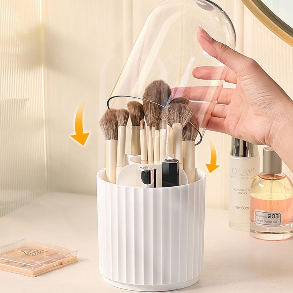 Terafeels Makeup Brush Holder with Lid 360° Spinning Make up Stand 5 Slot Brushes Cup and Pencil Pen Holder for Vanity Decor Bathroom Countertops Desk Storage Container Cosmetic Display Cases - Image 4