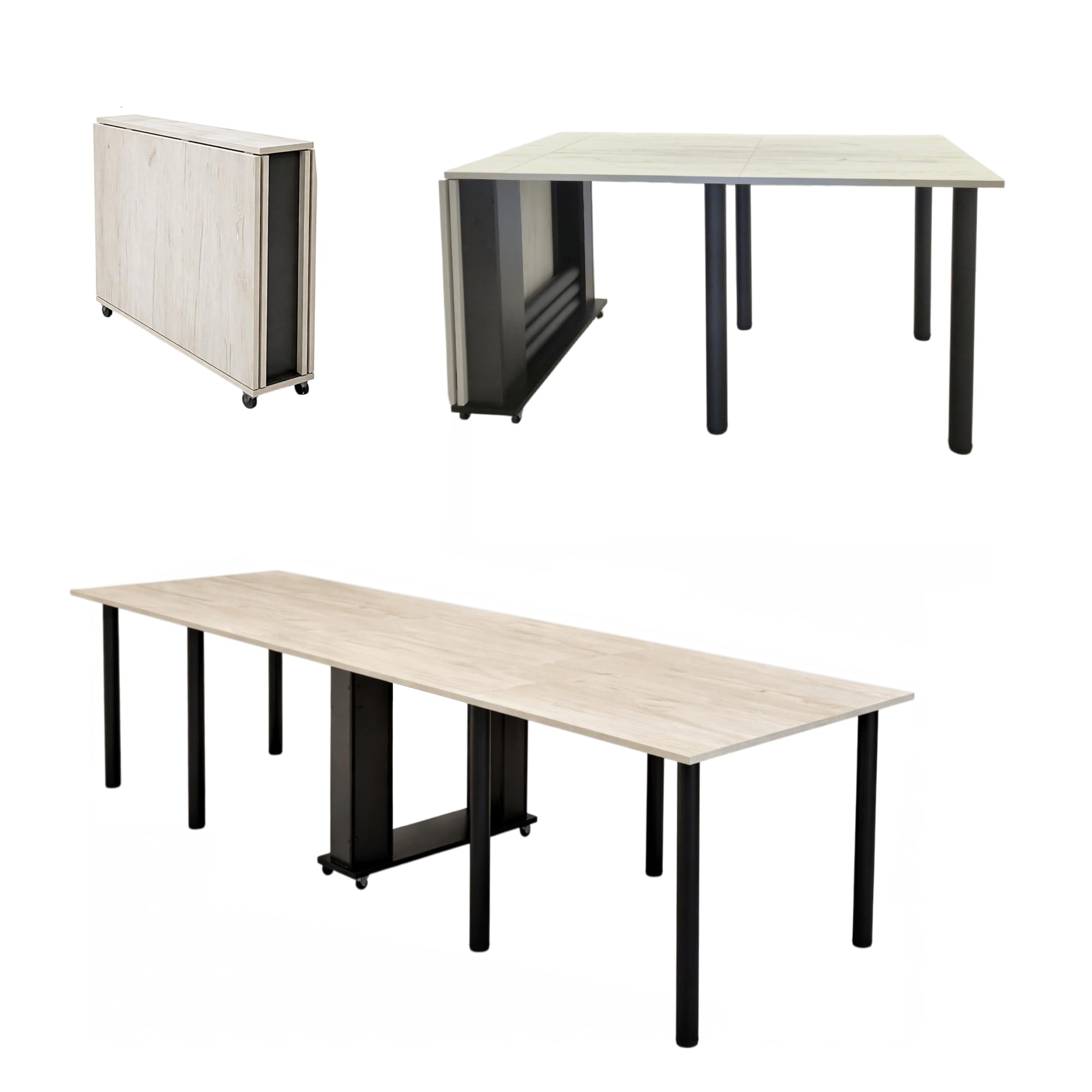 Rodnik Esstisch klappbar, Multifunktionstisch 5-in-1, Klapptisch XXL mit Rollen, ausklappbarer Tisch platzsparend für bis zu 12 Personen (Eiche Kraft Weiß/Schwarz)