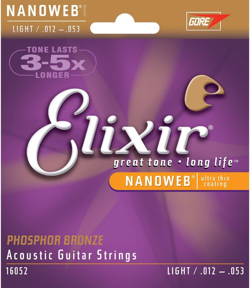 Elixir 16052 Phosphor Bronze Nanoweb Coating Acoustic Guitar Strings, Light, 12-53 (2 Pack)
