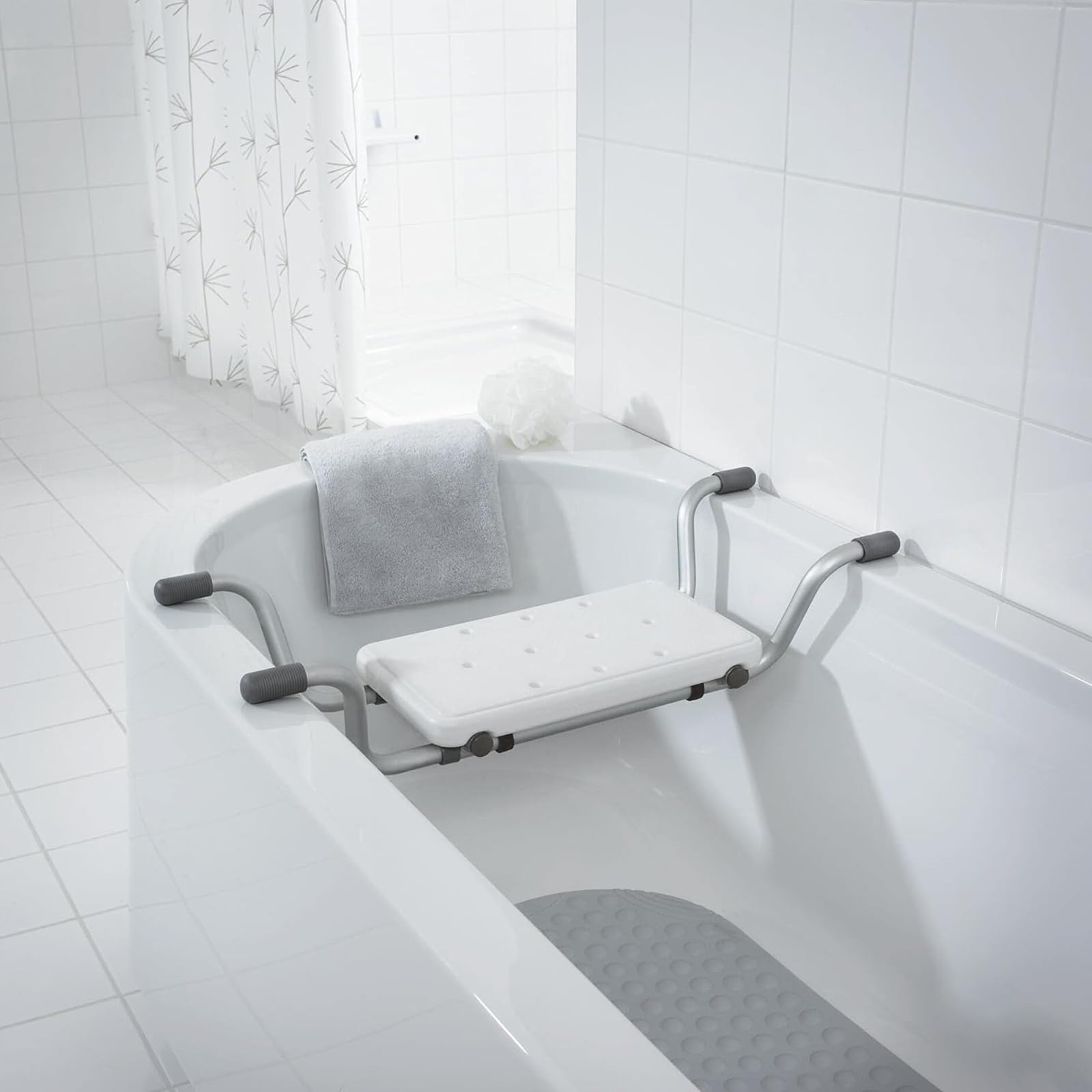 Sedile per Vasca da Bagno, Sedile Vasca da Bagno Antiscivolo per Adulti e Anziani, Sedile da doccia estraibile 72-82 cm, Sedile Sicurezza per Vasca da Bagno, portata 136 kg, Bianco