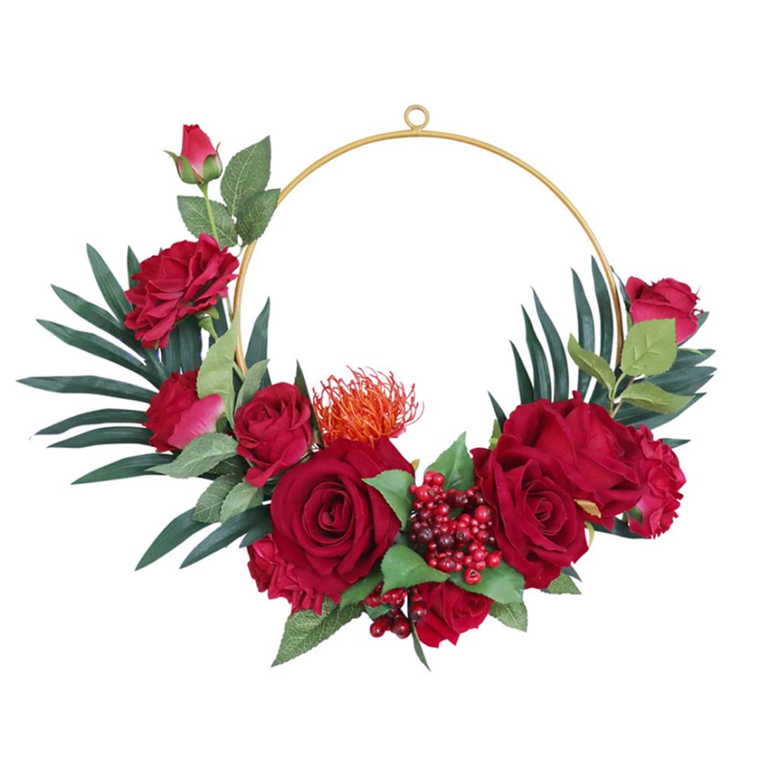 Roses artificielles en couronne décorative avec feuilles et cerceau floral