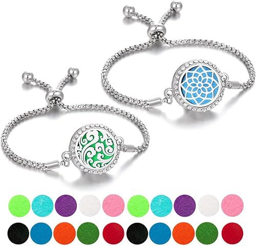 Miniatura 1 de 2 pulseras difusoras de aceites esenciales, medallón difusor de aromaterapia de diamante, pulsera ajustable con 20 almohadillas de repuesto