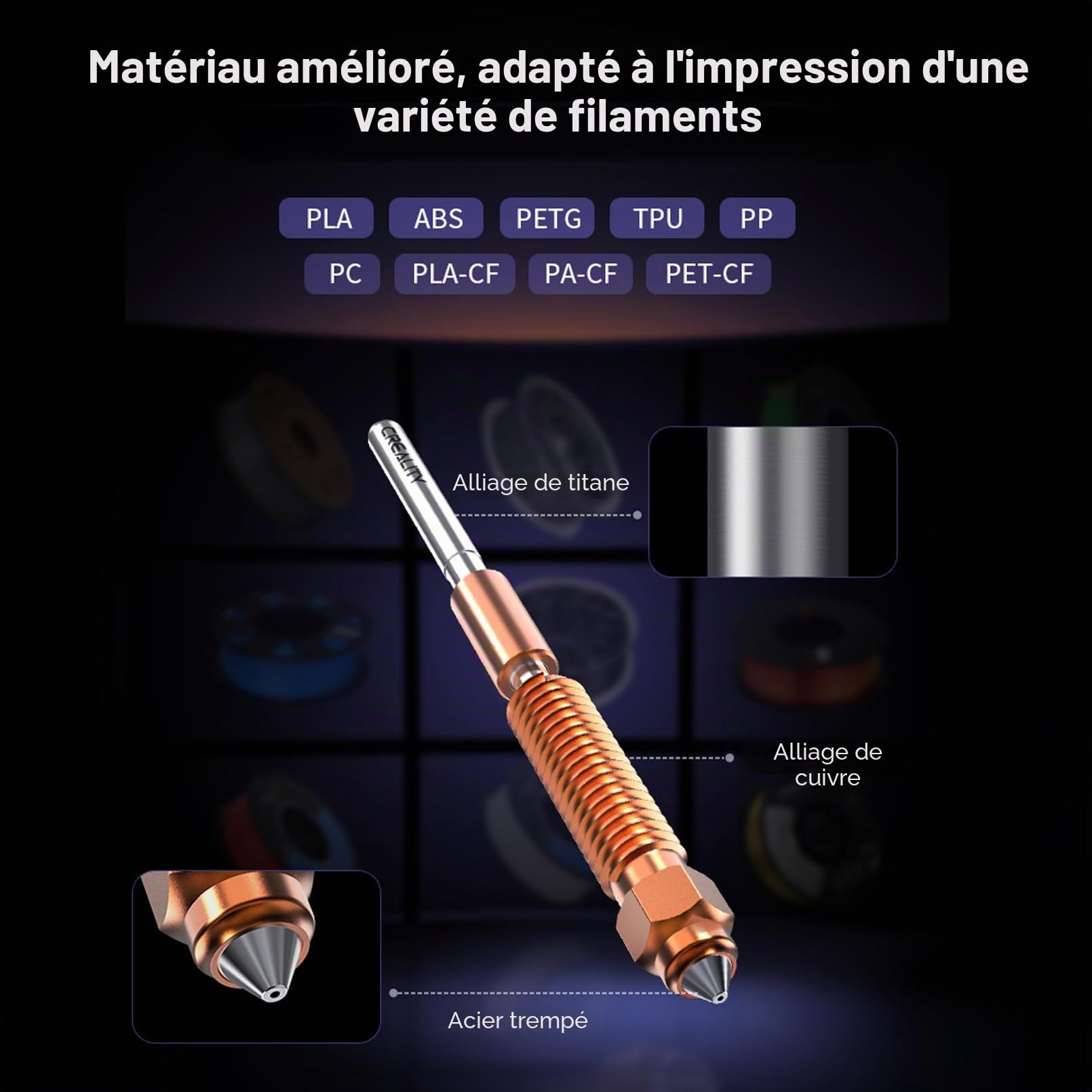 Creality Unicorn Kit Nozzle à Changement Rapide pour Imprimante 3D K2 SE, K1C, Ender 3 V3, Buse en Cuivre Tri-métal Haute Vitesse et Alliage Titane et Kit Buse à Changement Rapide pour K1C