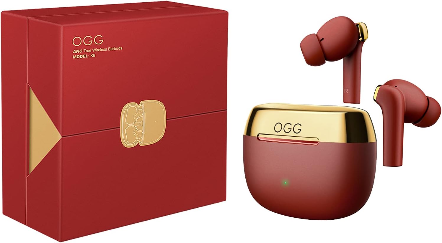 OGG K6 Wireless Earbuds Bluetooth Earphones, Active Noise Cancelling Headset, Wireless Bluetooth Earbuds with Smart Touch,8 Hours Playback and 55 Extra Hours of Charging Case (Red)