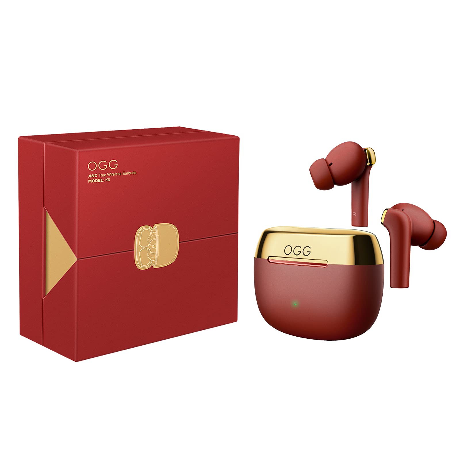 OGG K6 Wireless Earbuds Bluetooth Earphones, Active Noise Cancelling Headset, Wireless Bluetooth Earbuds with Smart Touch,8 Hours Playback and 55 Extra Hours of Charging Case (Red)
