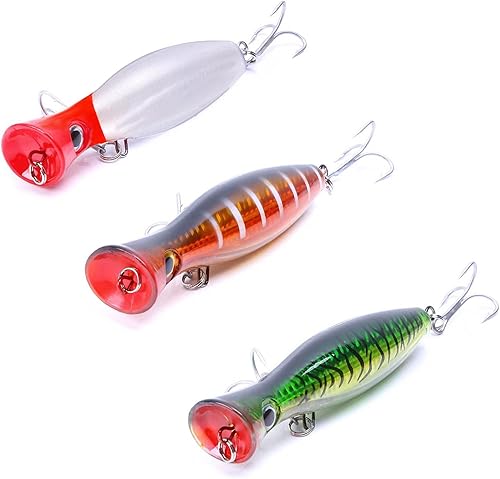 Popper Fishing Lure Set, JAZALIC 3 PCS Topwater Popper Lures 3D Eyes Fishing Accessories for Saltwater Surface Casting and Freshwater Fishing Gt