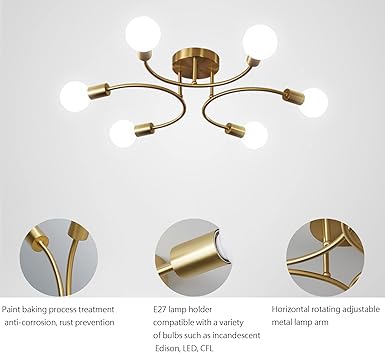 niuniaj Ceiling Light 6 lampen, retro plafondlamp E27, Goud Lndustriële Plafondlamp，U-vormig Ceiling Light voor eetkamer, hal, restaurant, woonkamer, hotel, café enz. (zonder lampen) photo 2