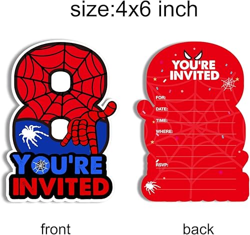 Miniatura 2 de Invitaciones de fiesta de 8 cumpleaños de superhéroes con sobres, 8 años, tarjeta de invitaciones con forma de ocho formas, suministros de